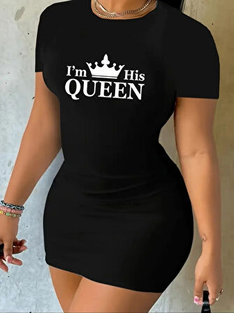 Modavera Kadın Kısa Kollu Queen Baskı Iki Iplik Mini Elbise
