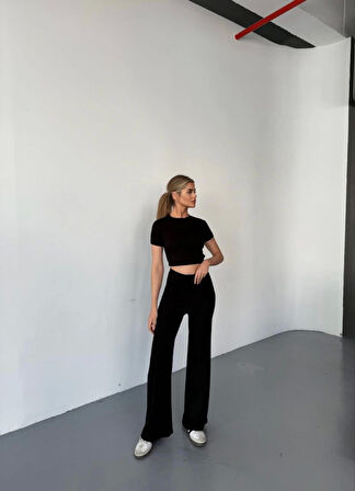 Modavera Osy Modal Yumuşak Dokulu Kumaş Kısa Kollu Crop Rahat Pantalon Ikili Takım - Siyah