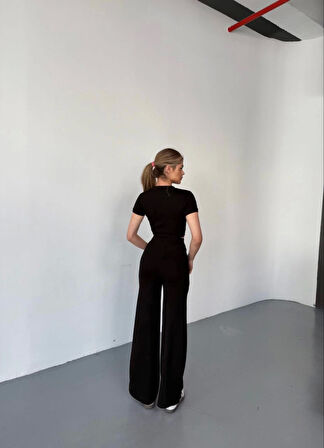 Modavera Osy Modal Yumuşak Dokulu Kumaş Kısa Kollu Crop Rahat Pantalon Ikili Takım - Siyah