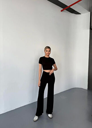 Modavera Osy Modal Yumuşak Dokulu Kumaş Kısa Kollu Crop Rahat Pantalon Ikili Takım - Siyah
