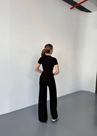 Modavera Osy Modal Yumuşak Dokulu Kumaş Kısa Kollu Crop Rahat Pantalon Ikili Takım - Siyah