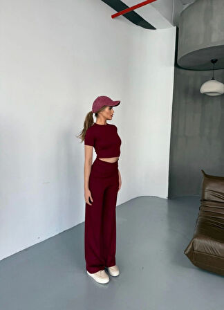 Modavera Osy Modal Yumuşak Dokulu Kumaş Kısa Kollu Crop Rahat Pantalon Ikili Takım - Bordo
