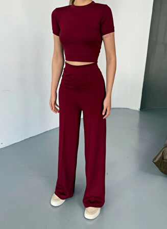 Modavera Osy Modal Yumuşak Dokulu Kumaş Kısa Kollu Crop Rahat Pantalon Ikili Takım - Bordo