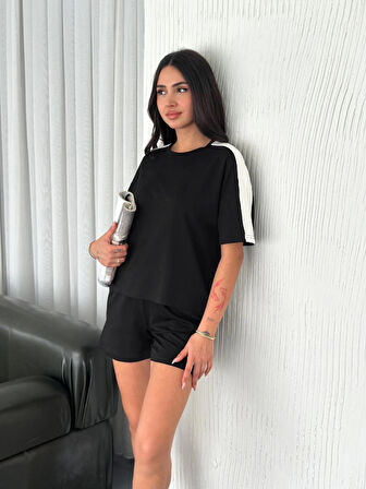 Modavera Osy Modal Yumuşak Dokulu Kumaş Parçalı Bisiklet Yaka T-shirt Kısa Şort İkili Takım - Siyah