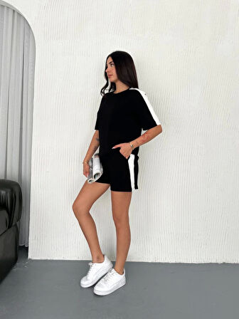 Modavera Osy Modal Yumuşak Dokulu Kumaş Parçalı Bisiklet Yaka T-shirt Kısa Şort İkili Takım - Siyah