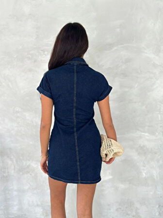Modavera Kısa Kolu Mini Kot Kumaşından Likralı Elbise - Lacivert