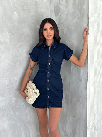 Modavera Kısa Kolu Mini Kot Kumaşından Likralı Elbise - Lacivert