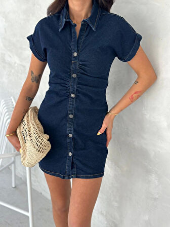 Modavera Kısa Kolu Mini Kot Kumaşından Likralı Elbise - Lacivert