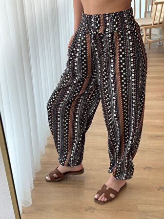 Modavera Kadın Yüksek Bel Etnik Desenli Geniş Dökümlü Bürümcük Pantolon