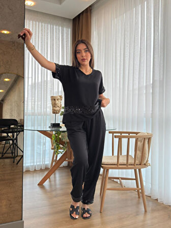 Modavera Kadın Kısa Kollu V Yakalı Pul Payetli Viskon Iki Iplik Bluz Ve Pantolon Ikili Takım