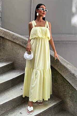 Modavera Etek Ucu Brode Nakışlı Boyundan Bağlamalı Elbise 2881