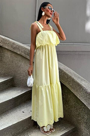 Modavera Etek Ucu Brode Nakışlı Boyundan Bağlamalı Elbise 2881