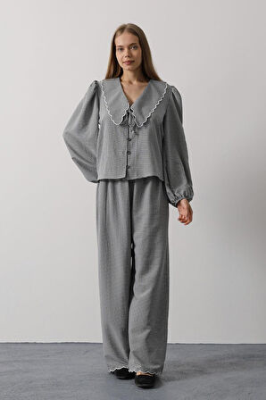 Modavera İşlemeli Bebe Yakalı Pantolon Takım - Siyah