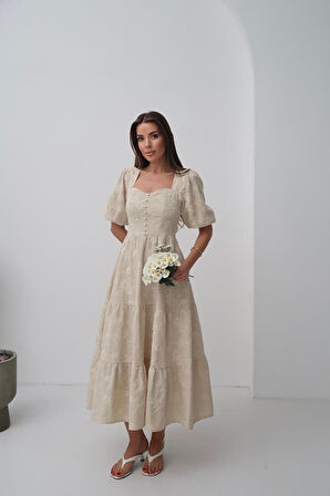 Modavera Bej Süs Düğmeli Balon Kollu Elbise