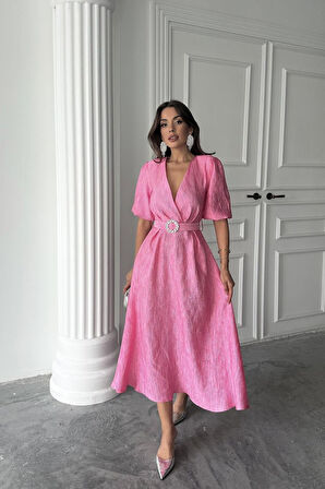 Modavera Pembe Işıltılı Kemerli Kruvaze Elbise