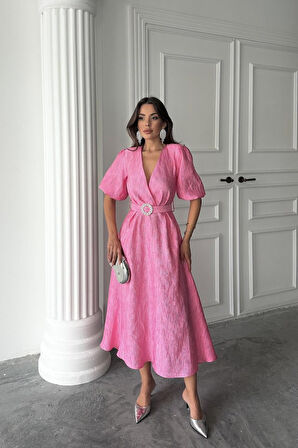 Modavera Pembe Işıltılı Kemerli Kruvaze Elbise