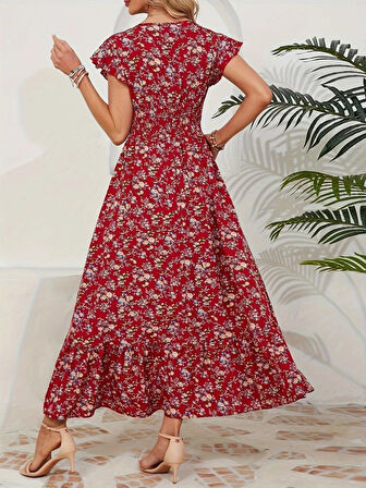 Modavera Kadın Kısa Kollu Kruvaze Yaka Beli Lastikli çiçek Desenli Elbise