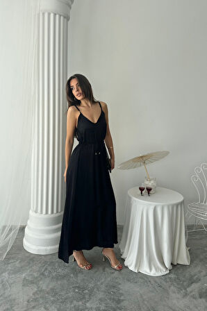 Modavera JAKAR SATEN DEGAJE ASKILI ELBİSE İP KEMERLİ - Siyah