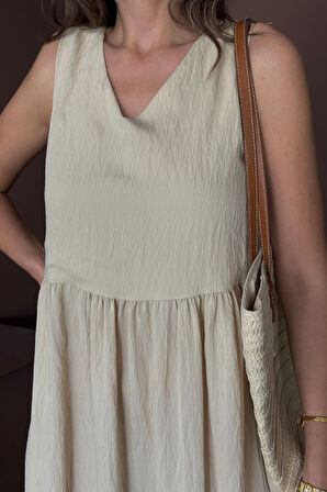 Modavera ETEKUCU FIRFIRLI SIRTI BAĞLAMA DETAYLI SALAŞ ELBİSE - Bej