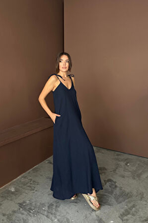 Modavera ASKILI UZUN SALAŞ MÜSLİN ELBİSE - Lacivert