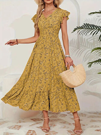 Modavera Kadın Kısa Kollu Kruvaze Yaka Beli Lastikli çiçek Desenli Elbise