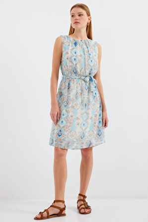 Modavera 2501 Desenli Sıfır Kol Şifon Elbise - Mavi