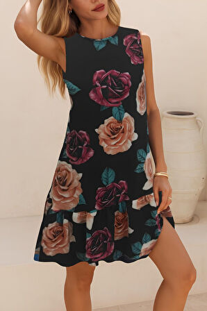 Modavera Kadın Kolsuz Sırttan Bağlamalı Fırfırlı Leopar Desenli Süprem Elbise