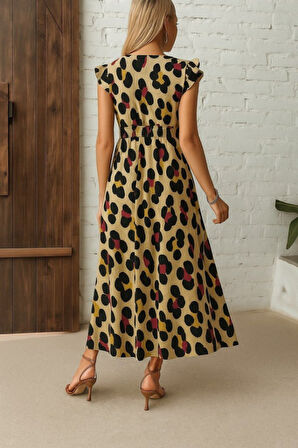 Modavera Kadın Kısa Kollu V Yakalı Desenli Yandan Yırtmaçlı Süprem Elbise