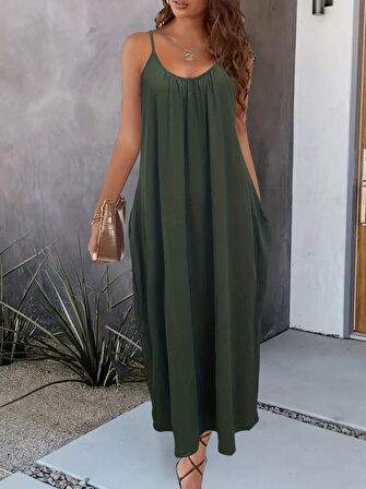 Modavera Kadın Ip Askılı Geniş V Yakalı Cepli Viskon Elbise