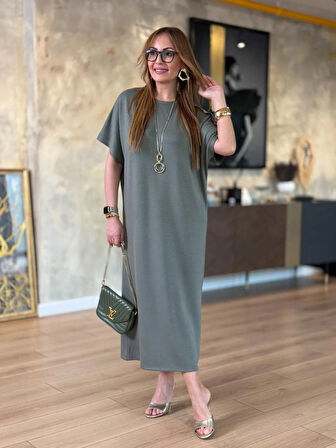 Modavera Kadın Kısa Kollu Bisiklet Yaka Omuzdan Düğmeli Uzun Viskon Iki Iplik Elbise