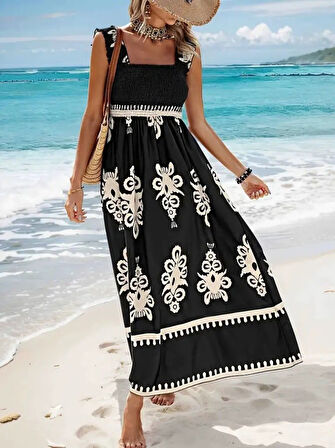 Modavera Kadın Askılı Kare Yaka Gipe Detaylı Desenli Suprem Elbise