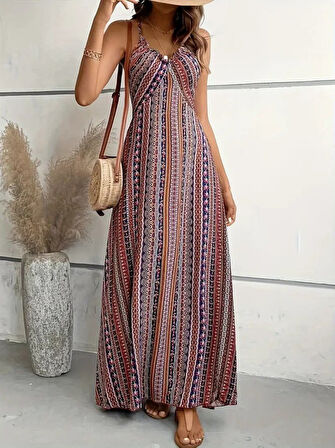 Modavera Kadın Ip Askılı Sırttan çapraz Detaylı Yırtmaçlı Desenli Süprem Elbise