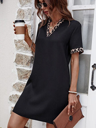 Modavera Kadın Kısa Kollu V Yakalı Leopar Desen Detaylı Modal Elbise