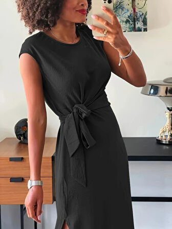 Modavera Kadın Kısa Kollu Yuvarlak Yaka Belden Bağcıklı önden Yırtmaçlı Aerobin Elbise