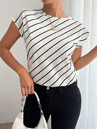 Modavera Kadın Kısa Yarasa Kollu Bisiklet Yaka çizgi Desenli Atlas Bluz