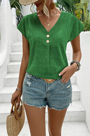 Modavera Kadın Kısa Kollu V Yakalı Düğmeli Keten Bluz