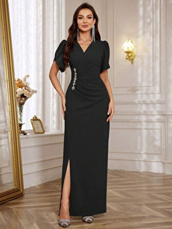 Modavera Kadın Kısa Kollu Kruvaze Yakalı Belden çiçek Aksesuarlı Yırtmaçlı Ithal Krep Elbise