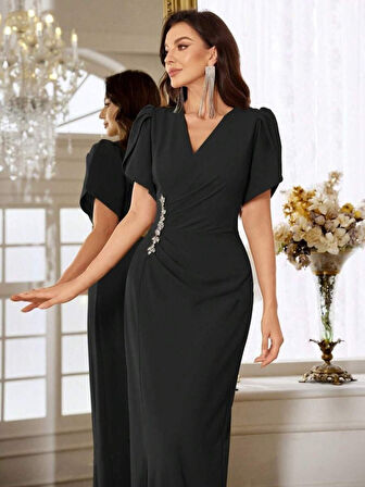 Modavera Kadın Kısa Kollu Kruvaze Yakalı Belden çiçek Aksesuarlı Yırtmaçlı Ithal Krep Elbise