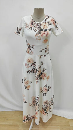 Modavera Kadın Kısa Kollu Bisiklet Yaka Puantiyeli Maksi örme Krep Elbise 