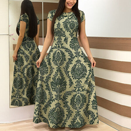 Modavera Kadın Kısa Kollu Bisiklet Yaka Puantiyeli Maksi örme Krep Elbise 