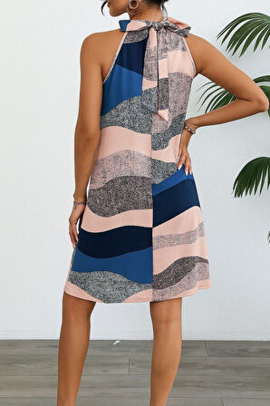 Modavera Kadın Kolsuz Boyundan Askılı Desenli Midi Süprem Elbise