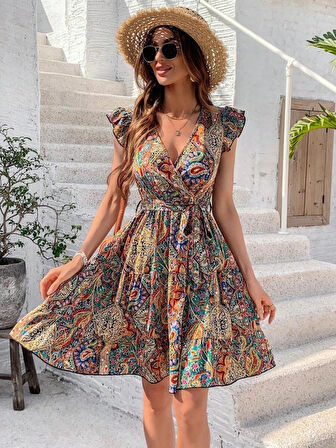 Modavera Kadın Kısa Kelebek Kollu Kruvaze Yakalı Süprem Elbise