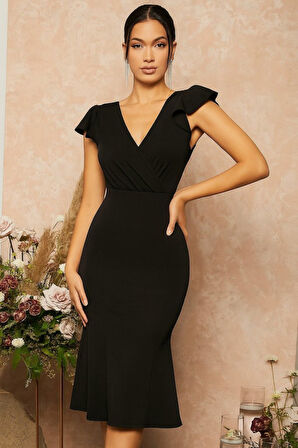 Modavera Kadın Kısa Kelebek Kollu Kruvaze Yaka Ithal Krep Midi Elbise