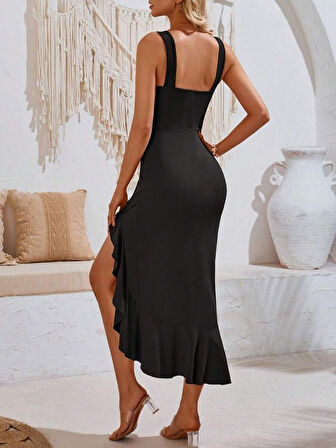 Modavera Kadın Askılı V Yakalı önden Fırfırlı Uzun Dalgıç Elbise