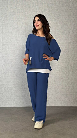 Modavera Kadın Kısa Kollu Omuzlardan Açık Yarasa Kollu Bürümcük Bluz Ve Pantolon Ve Viskon Atlet