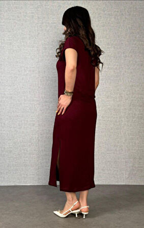 Modavera Kadın Kısa Kollu Yakalı Yandan Yırtmaçlı Viskon Iki Iplik Elbise