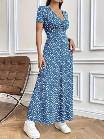 Modavera Kadın Kısa Kollu Kruvaze Yakalı çiçek Desenli Süprem Elbise