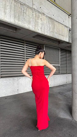 Modavera Kadın Ip Askılı Gipe Detay Maxi Boy Yırmaçlı Elbise