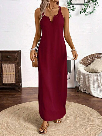 Modavera Kadın Askılı Yuvarlak Yaka Asimetrik Detaylı Viskon Elbise