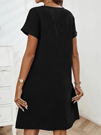 Modavera Kadın Kısa Kollu Yakası Açık Fermuarlı Cep Detaylı Ithal Keten Elbise